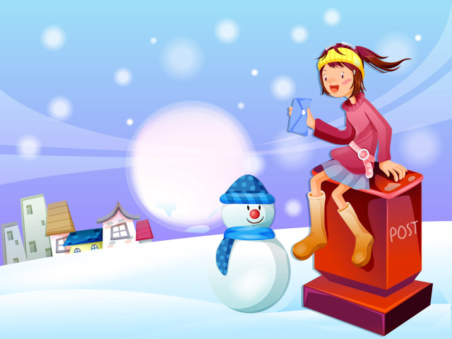 Girl sitting post snowman on #3 free wallpaper - medium preview image