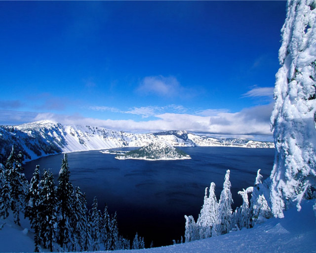 Lake snowy trees mountains blue free wallpaper - medium preview image