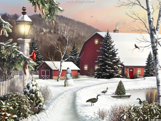 Snowy country scene red barn free wallpaper - medium preview image
