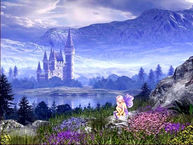 Fairy rock castle lake mountains free wallpaper - medium preview image
