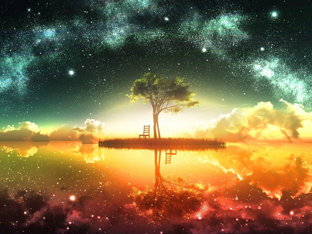 Tree lake stars clouds ladder free wallpaper - medium preview image
