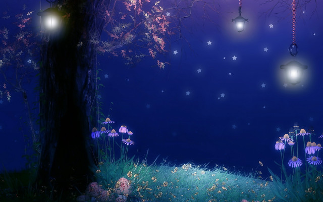 Night tree lights flowers foreground free wallpaper - medium preview image