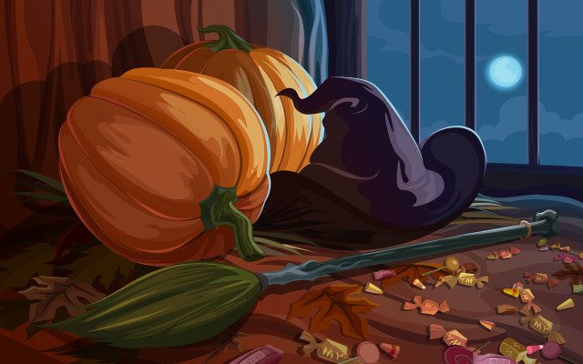 Cartoon pumpkin black bird window free wallpaper - medium preview image