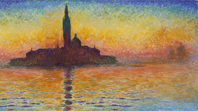 Painting building water sunset yellow free wallpaper - medium preview image
