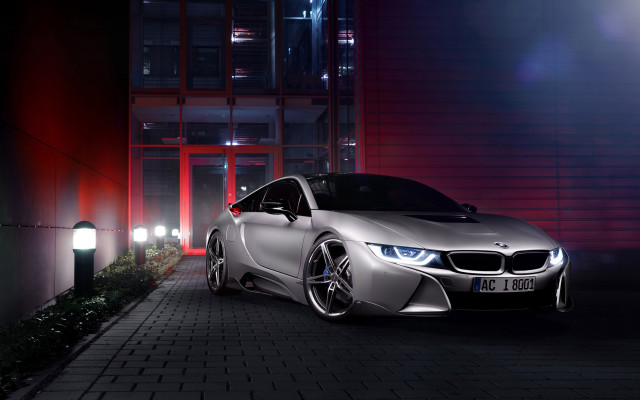 Silver car night building red free wallpaper - medium preview image
