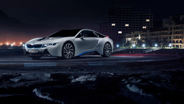 White car parked road night free wallpaper for desktop - medium preview image