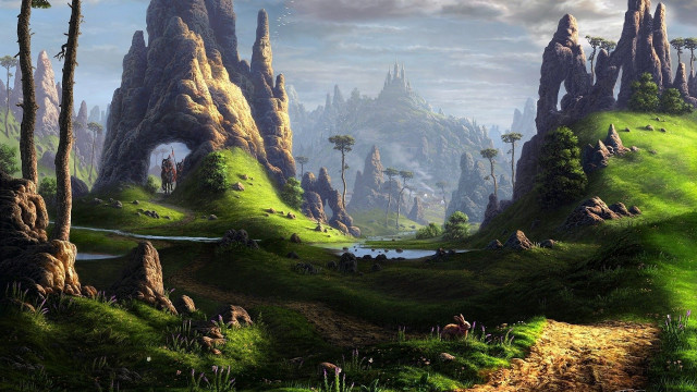 Mountain river forest fantasy landscape free wallpaper - medium preview image