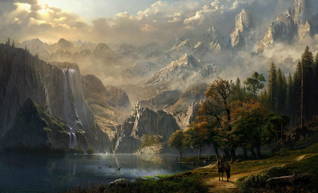 Mountain lake waterfall horseback man free wallpaper - medium preview image