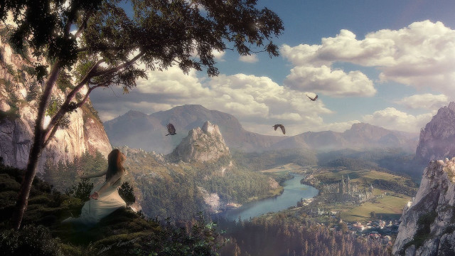 Woman cliff valley river birds free wallpaper - medium preview image
