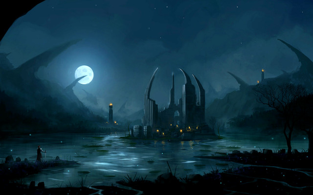 City lake night full moon free wallpaper - medium preview image