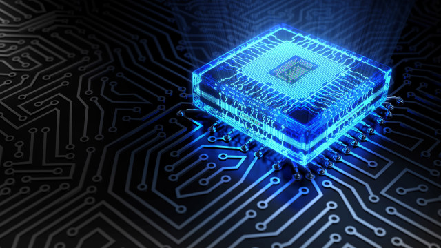 Blue light computer chip raytraced free wallpaper - medium preview image