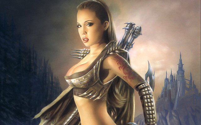 Futuristic woman sword outfit holding free wallpaper - medium preview image