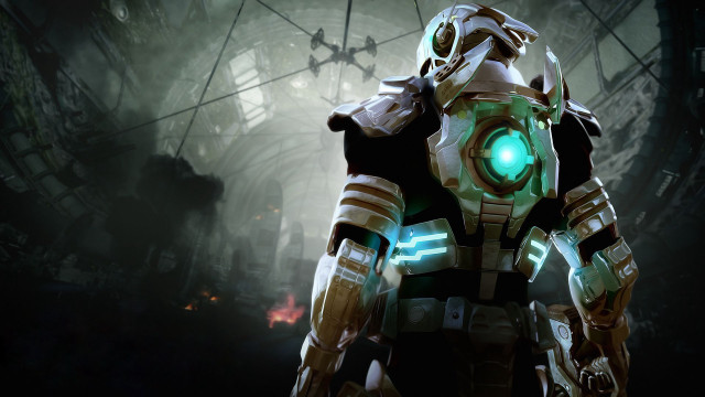 Futuristic soldier glowing helmet green free wallpaper - medium preview image