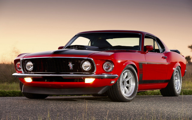 Red mustang sitting road sunset free wallpaper - medium preview image