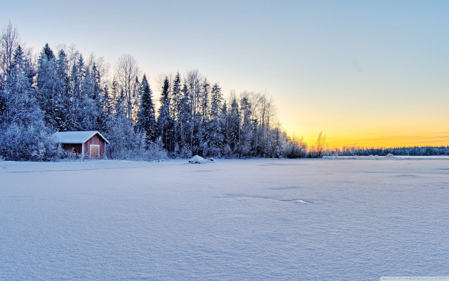 Snowy field cabin trees sunset free wallpaper - medium preview image