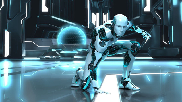Robot kneeling futuristic setting blue free wallpaper - medium preview image