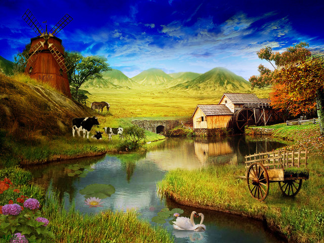 Farm pond windmill swans water free wallpaper - medium preview image