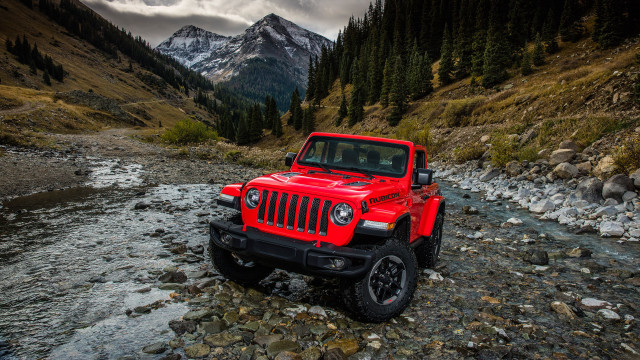 Red jeep rocky stream mountains free wallpaper - medium preview image