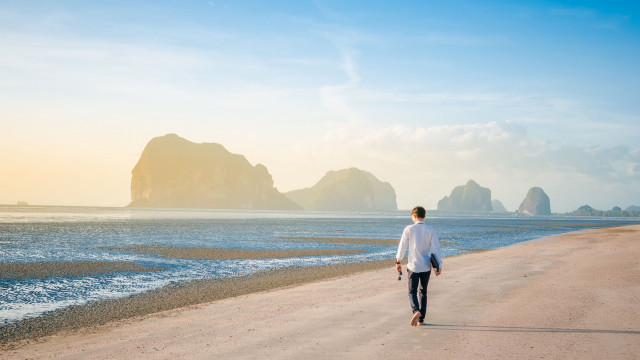 Man walking beach ocean surfboard free wallpaper - medium preview image