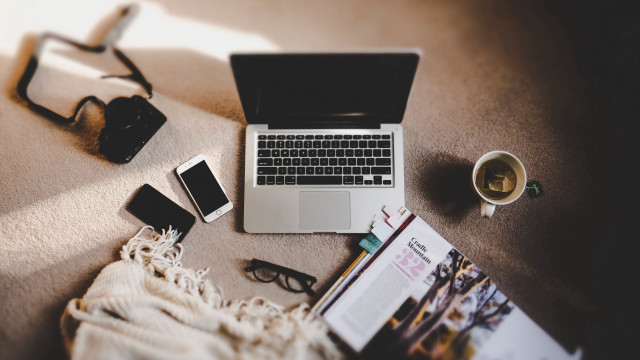 Laptop coffee book table scene free wallpaper - medium preview image