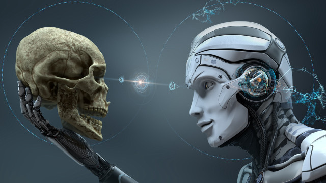 Robot skull lightbulb head holding free wallpaper - medium preview image