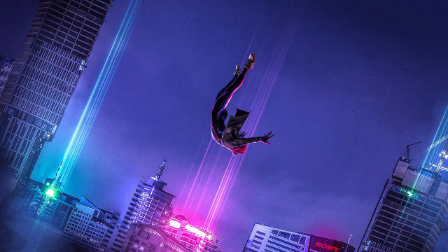 Man flying kiteboard city night free wallpaper - medium preview image