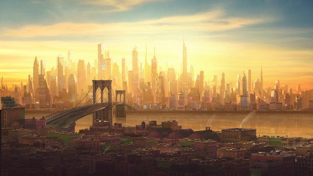 City bridge sunset painting foreground free wallpaper - medium preview image