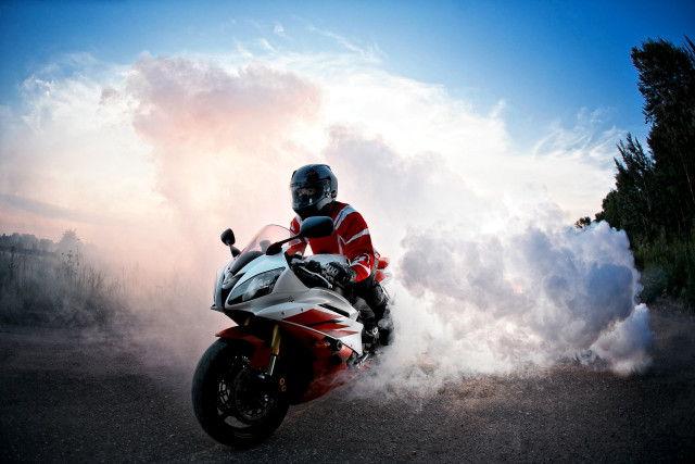 Motorcycle ride smoke road sky free wallpaper - medium preview image