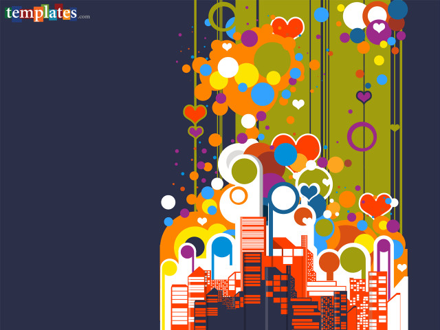 Colorful cityscape bubbles hearts blue free wallpaper - medium preview image