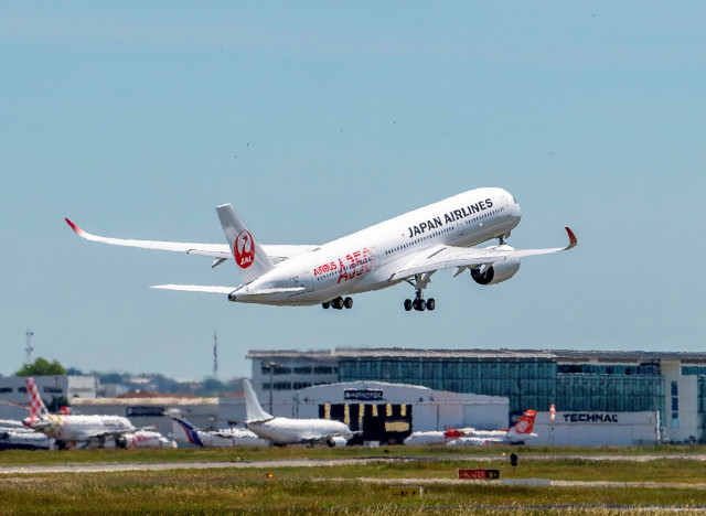 Jetliner flying blue sky runway #4 free wallpaper for desktop - medium preview image
