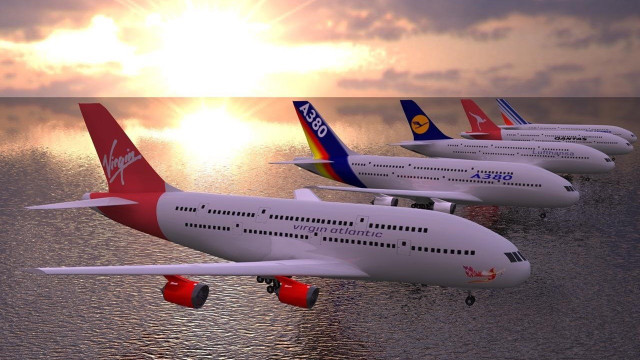 Four airplanes flying over ocean free wallpaper - medium preview image