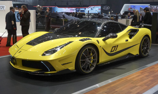Yellow sports car display people free wallpaper - medium preview image