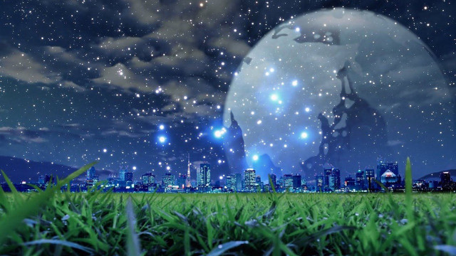 City skyline stars grass foreground free wallpaper - medium preview image