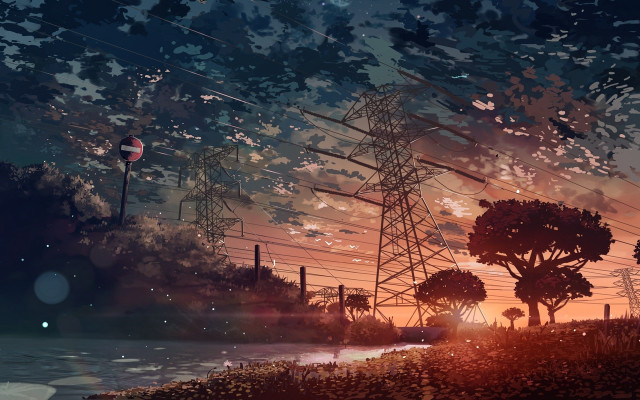 Sunset power lines trees water free wallpaper - medium preview image