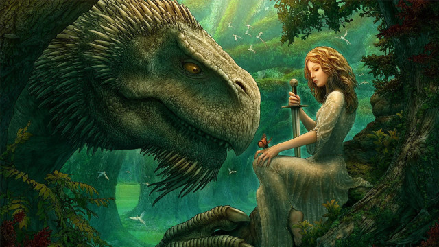 Woman dragon forest tree stump free wallpaper - medium preview image