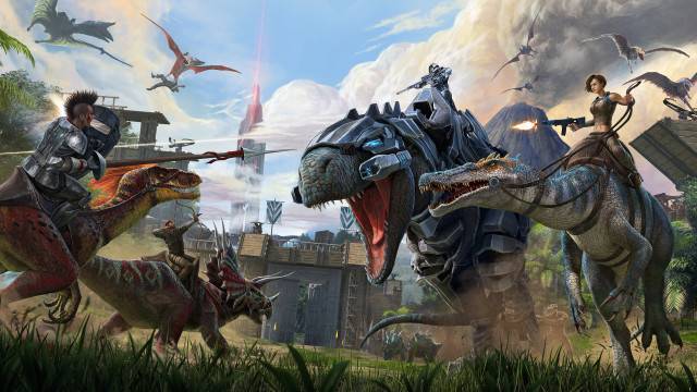 Dinosaurs attacking woman grass sky free wallpaper - medium preview image