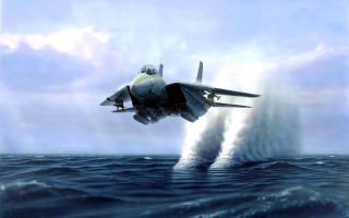 Fighter jet ocean cloudy splash 2 - airbrush free wallpaper