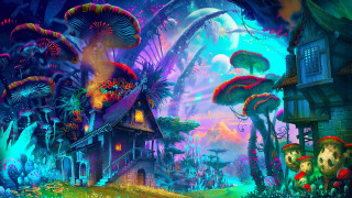 Fantasy forest mushrooms house full - psychedelic art free wallpaper