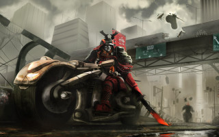 Man motorcycle giant red gun - cyberpunk art free wallpaper