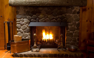 Fireplace fire woodbucket woodenfloor brickwall - art free wallpaper