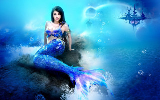 Woman blue dress rock mermaid - fantasy style free wallpaper