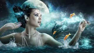 Woman water bird head fish - a moon in the background free wallpaper