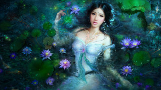 Woman white dress water lilies - dreamlike free wallpaper