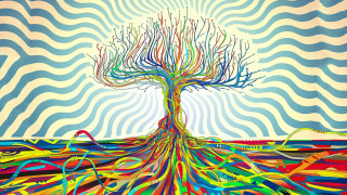 Tree colorful swirl pattern sky - a painting of a tree free wallpaper