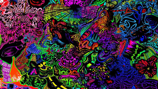 Colorful painting woman umbrella crowd - psychedelic free wallpaper