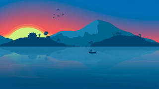 Boat mountain sunset bird flying - the water near a mountain range free wallpaper