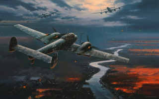 Plane river city night sky - dieselpunk free wallpaper