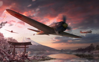 Plane lake pagoda mountain sunset 2 - a painting of a plane free wallpaper