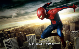 Spider man jumping cityscape cloudy - a spider man free wallpaper