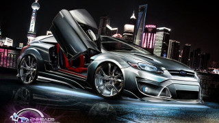 Car door open city skyline - matte drawing free wallpaper